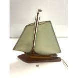 A 1950s MAHOGANY SAILING BOAT ELECTRIC TABLE LAMP, 42X48 CMS.