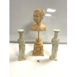 SMALL RESIN BUST OF A YOUNG LADY ON A RESIN PLINTH 38CM WITH TWO OTHER RESIN LADY FIGURES