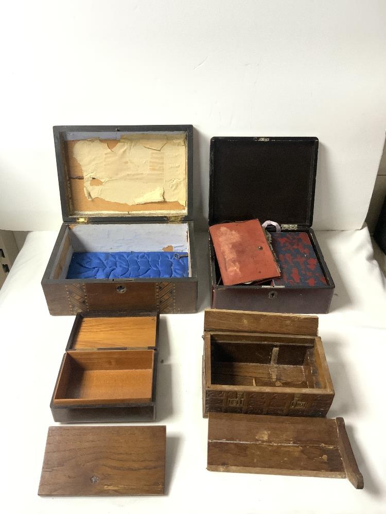 A PARQUETRY INLAID BOX, BUTTERFLY WING BOX, AND TWO OTHERS AND OTHER ITEMS. - Image 3 of 4