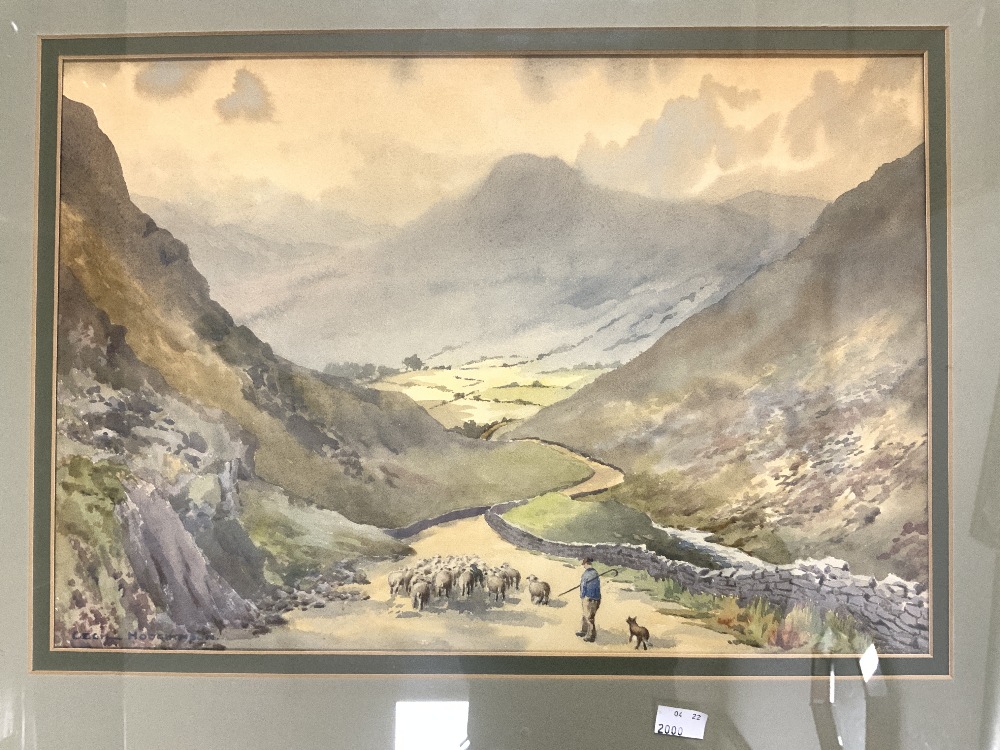 WATERCOLOUR OF A SHEPHERD AND HIS FLOCK IN A MOUNTAINOUS VALLEY, SIGNED CECIL HODGKINSON, 48 X 32 - Image 2 of 4