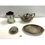 MIXED SILVER PLATE INCLUDES TEAPOT COASTERS AND MORE