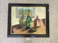 OIL ON CANVAS - STILL LIFE STUDY OF BOTTLES ON A TABLE, INDISTINCTLY SIGNED, 38 X 48 CM.