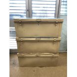 THREE VINTAGE LARGE METAL STORAGE TRUNKS 92 X 54 X 37CM