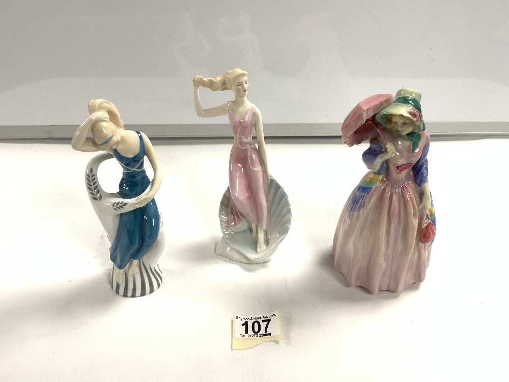 THREE ROYAL DOULTON FIGURES MISS DEMURE(HN1402) A/F SEA SPRITE (HN2191) AND WOOD NYMPH (HN2192)