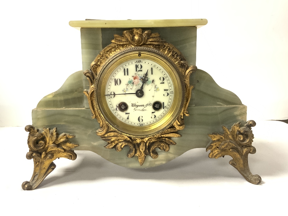 A LATE NINETEENTH CENTURY FRENCH ONYX AND GILT METAL MANTEL CLOCK, WITH FLORAL DECORATED DIAL, 19X27 - Image 2 of 6
