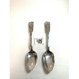 A PAIR OF NINETEENTH CENTURY CONTINENTAL 800 SILVER TABLE SPOONS, MAKER A.K, 21 CMS, 109 GMS.