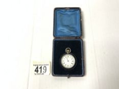 VICTORIAN FINE SILVER 935 ENGRAVED LADIES FOB WATCH IN ORIGINAL LEATHER CASE