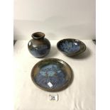 STUDIO POTTERY VASE, BOWL, AND PLATE BY CRICH POTTERY - DIANA AND DAVID WORTHY, VASE 15 CMS.