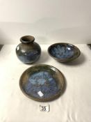 STUDIO POTTERY VASE, BOWL, AND PLATE BY CRICH POTTERY - DIANA AND DAVID WORTHY, VASE 15 CMS.