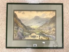WATERCOLOUR OF A SHEPHERD AND HIS FLOCK IN A MOUNTAINOUS VALLEY, SIGNED CECIL HODGKINSON, 48 X 32