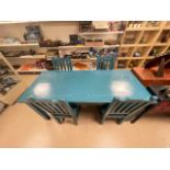 A CHINESE BLUE PAINTED REFECTORY TWO-DRAWER DINING TABLE AND FOUR MATCHING CHAIRS, 190 X 80 CM.