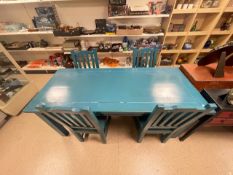 A CHINESE BLUE PAINTED REFECTORY TWO-DRAWER DINING TABLE AND FOUR MATCHING CHAIRS, 190 X 80 CM.