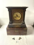 A BRASS BOUND MAHOGANY WORK BOX, AND A LATE VICTORIAN MANTEL CLOCK.