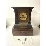 A BRASS BOUND MAHOGANY WORK BOX, AND A LATE VICTORIAN MANTEL CLOCK.