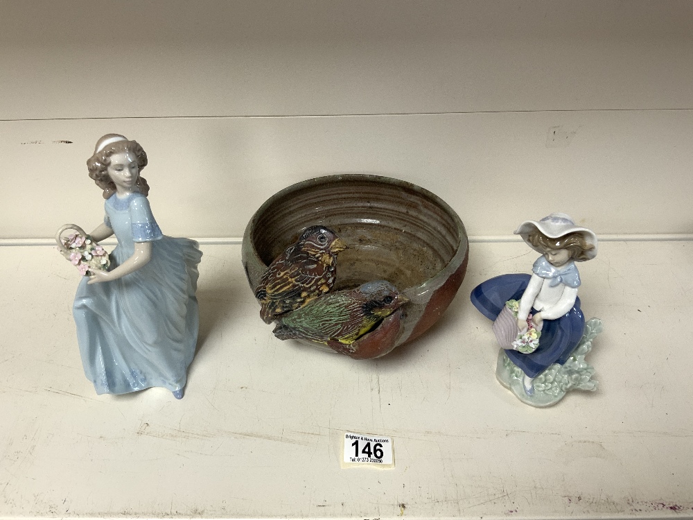 TWO LLADRO FIGURES OF GIRLS HOLDING BASKETS FLOWERS, 23 CMS TALLEST, AND A GLAZED POTTERY BIRD