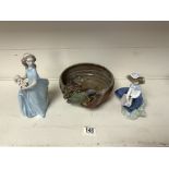 TWO LLADRO FIGURES OF GIRLS HOLDING BASKETS FLOWERS, 23 CMS TALLEST, AND A GLAZED POTTERY BIRD