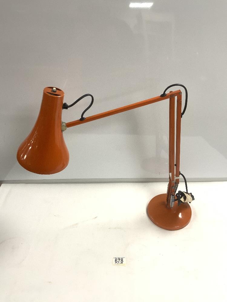 HERBERT TERRY AND SONS ORANGE ANGLE POISE LAMP.