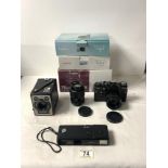 A ZENIT EM CAMERA IN CASE, A KODAK BROWNIE CAMERA, AND 3 CANON DIGITAL CAMERAS, AND A PARAGON 35MM