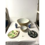 A CERAMIC MIXING BOWL, AND SMALLER MATCHING BOWL, PAIR CHINESE BLUE AND WHITE VASES, AND TWO OTHER