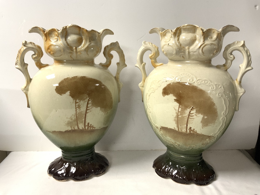 A PAIR OF LATE VICTORIAN CERAMIC VASE DECORATED WITH CATTLE AND MILKMAID, 35 CMS. A/F. - Image 3 of 5