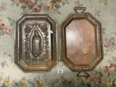 RELIGIOUS FIGURE EMBOSSED COPPER TWO HANDLE TRAY, AND ANOTHER COPPER TRAY; ARTISAN MADE IN MEXICO