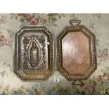 RELIGIOUS FIGURE EMBOSSED COPPER TWO HANDLE TRAY, AND ANOTHER COPPER TRAY; ARTISAN MADE IN MEXICO