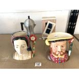 VINTAGE ALESSI COFFEE POT WITH TWO LARGE TOBY JUGS AND A PIECE OF WOODEN ART BY BRAD BOWDEN