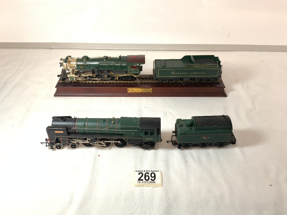 A HORNBY LOCO BRITTANIA AND TENDER, AND A CRESCENT LIMITED 1989 FMPM LOCO AND TENDER.