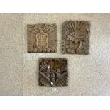 THREE VINTAGE WOODEN MEXICAN ARCHITECTURAL WALL CARVINGS 29 X 29CM