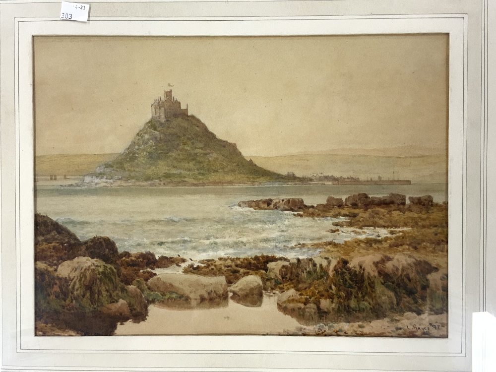 L HAYES SIGNED WATERCOLOUR DRAWING -COASTAL SCENE WITH AN ISLAND DATED 97 29 X 39CM - Image 2 of 4