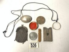 A MESH PURSE, WAX SEAL, MONOCLE AND OTHER ITEMS.