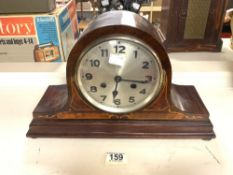 A 1930s INLAID MAHOGANY ADMIRALS HAT MANTEL CLOCK.