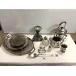 QUANTITY OF SILVER PLATE INCLUDES SPIRIT KETTLE AND MORE WITH HALLMARKED SILVER TOP PERFUME BOTTLES