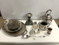 QUANTITY OF SILVER PLATE INCLUDES SPIRIT KETTLE AND MORE WITH HALLMARKED SILVER TOP PERFUME BOTTLES