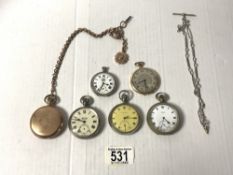 A GOLD PLATED FULL HUNTER POCKET WATCH AND CHAIN, A GROSVENOR GOLD PLATED POCKET WATCH, FOUR