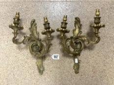 A PAIR OF HEAVY QUALITY LOUIS XV ROCOCCO STYLE GILT BRASS TWO BRANCH WALL LIGHTS, 35 CMS.