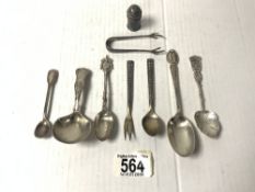 A NORWEGIAN SILVER TEASPOON AND FORK, SILVER CADDY SPOON, OTHER CUTLERY AND SMALL PEPPER. 137 GMS.