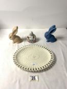 OVAL CREAMWARE RIBBON WALL PLATE, SMALL BUDDHA, AND 2 SYLVAC RABBITS.