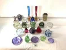 A COLLECTION OF GLASS PAPERWEIGHTS, IN FORM OF APPLES, MUSHROOMS, TEA POT AND OTHERS.