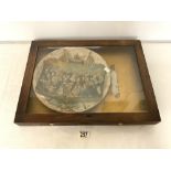 A SOUVENIR PICTURE PLATE DEPICTING QUEEN VICTORIA AND FAMILY ON HER JUBILEE, IN DISPLAY CASE.