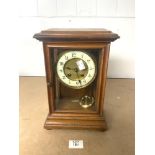 VINTAGE WOODEN AND GLASS CASED MANTLE CLOCK WITH PENDULUM NO KEY 30CM
