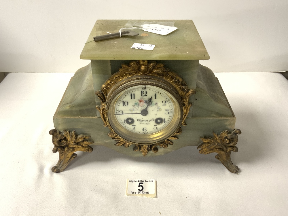A LATE NINETEENTH CENTURY FRENCH ONYX AND GILT METAL MANTEL CLOCK, WITH FLORAL DECORATED DIAL, 19X27