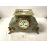 A LATE NINETEENTH CENTURY FRENCH ONYX AND GILT METAL MANTEL CLOCK, WITH FLORAL DECORATED DIAL, 19X27