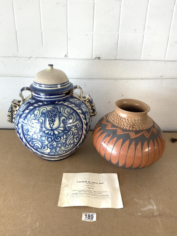 NATIVE AMERICAN GENOVEVA SADOVAL BOWL 25CM WITH A TALVERO MEXICO BLUE AND WHITE LARGE LIDDED POT A/F