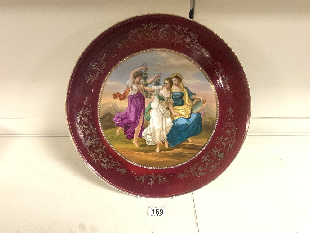 ROYAL VIENNA PORCELAIN WALL PLATE DECORATED WITH THREE MAIDENS, 40 CMS DIAMETER.