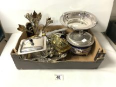 A SILVER PLATED SALVER, OTHER PLATED WARES INCLUDING CUTLERY.