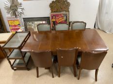 A 1930s CARVED OAK DRAW LEAF TABLE TABLE, 106 X 92 CMS, WITH 6 MATCHING CHAIRS AND A 3 TIER TEA
