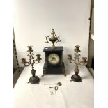 A VICTORIAN BLACK AND ROUGE SLATE CLOCK GARNITURE WITH GILT SPELTER MOUNTS AND DECORATION.