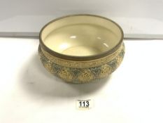 A DOULTON LAMBETH STONEWATE SALAD BOWL WITH PLATED RIM, 24 CMS.