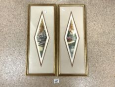 A PAIR OF FRENCH DIAMOND-SHAPED COLOURED ETCHINGS OF CHATEAU GARDENS, 37X13 CMS.